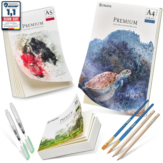 Aquarellpapier Set A4 + A5 + A6 von CreaTek